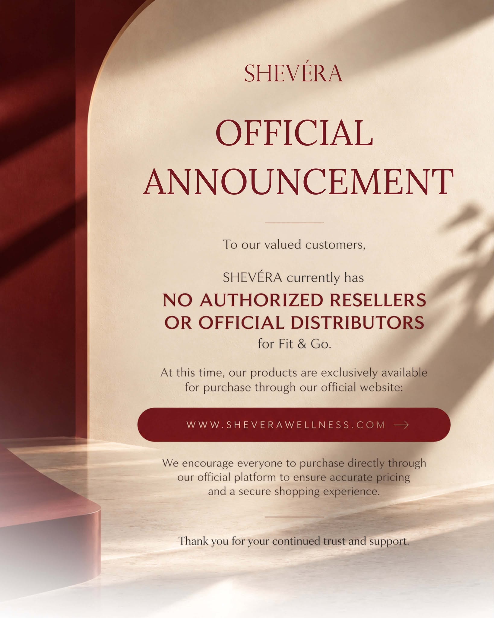 Official Shevéra announcement: no authorized resellers or official distributors for Fit & Go.